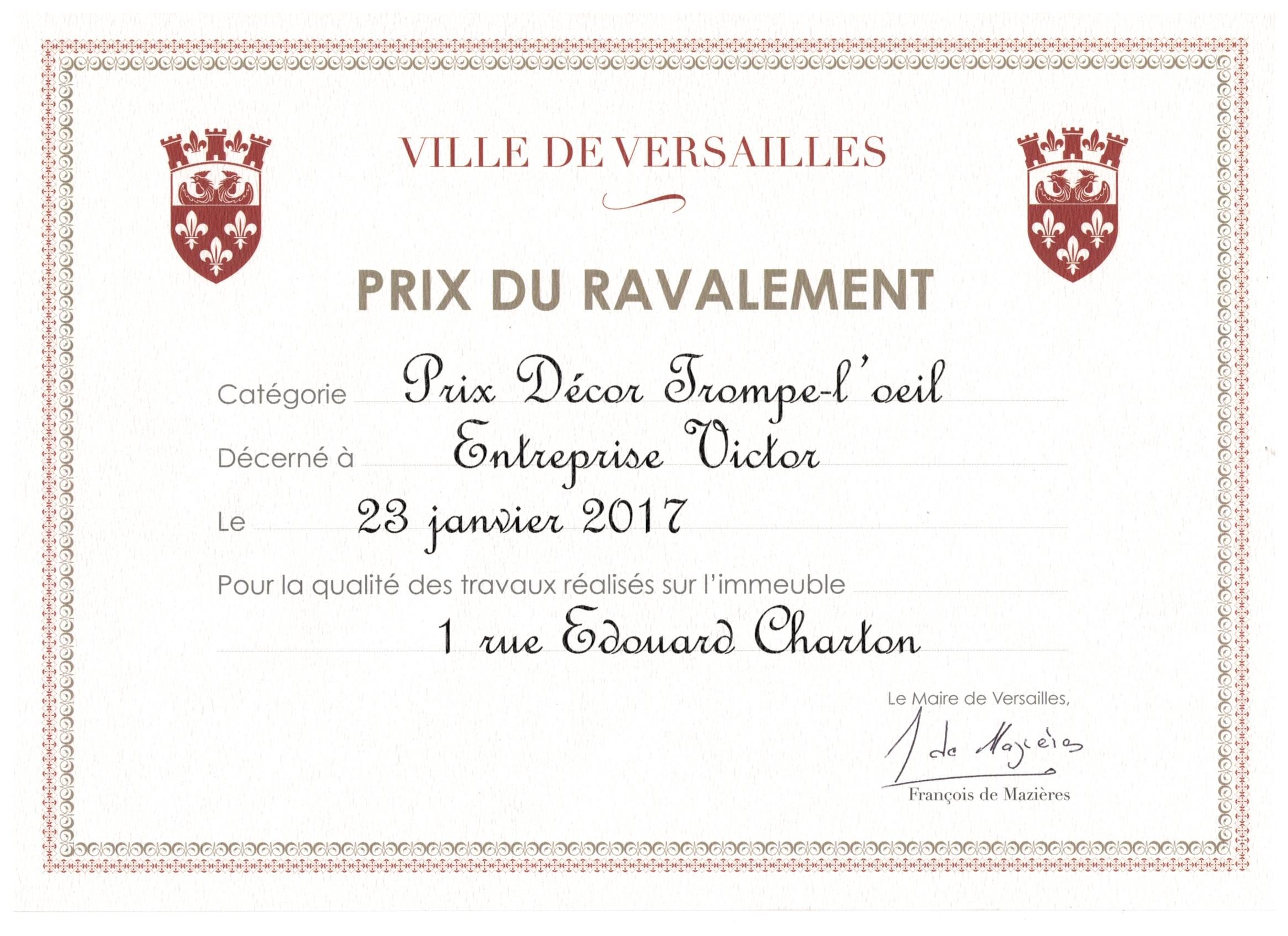 Prix du ravalement 2017 par la ville de Versailles