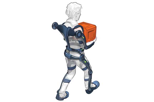 Exosquelette illustré porté par un homme debout portant un carton