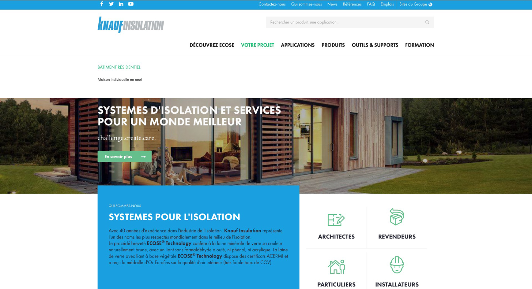 page d'accueil du nouveau site internet de Knauf Insulation