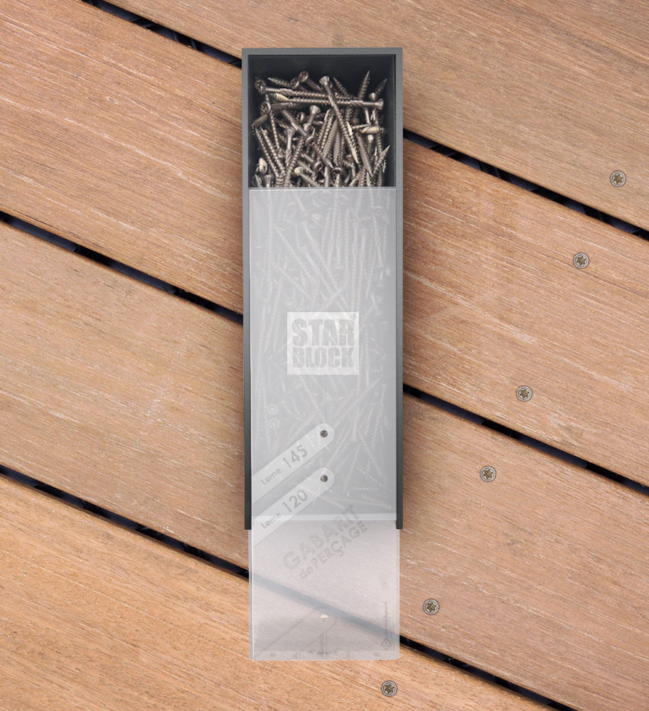 Nouveau packaging intégrant un outil de pose à la boite de vis pour faciliter la fixation des lames de terrasse